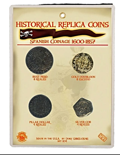 Replica Spanish Coinage of 1600-1857. Made in the USA available at Harvest Array.