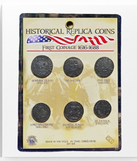 Packaged Set of 6 Historical Replica Coins of Colonial America First Coinage 1616-1688.