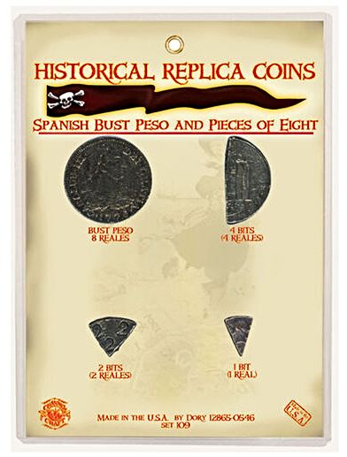 Set of 4 Genuine Replicas of Spanish Bust Peso and Pieces of Eight. Collect and trade with ye Mateys!