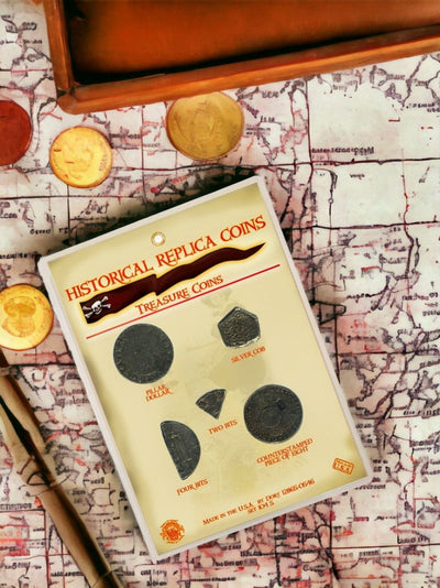 Mark the treasure map with these Historical Replica Coins of Treasure Coins.  There's five in all!