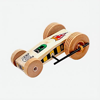Fully built Rubberband Roadster Wooden Racecar from a kit found at Harvest Array where heritage is delivered.