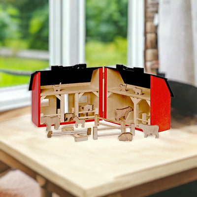 Red and Black Folding Wooden Barn with Farm Animals and Fence Play Set available at Harvest Array.