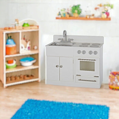 Children's White Wooden Sink and Stove shown in a playroom.