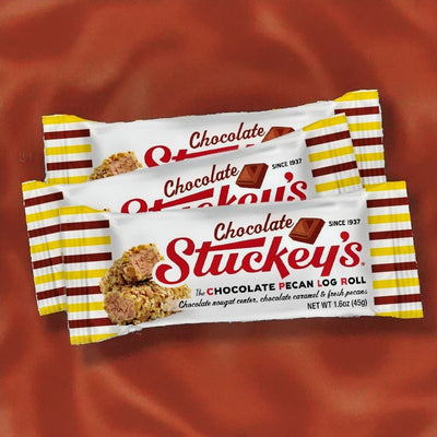 New Chocolate Stuckey's pecan log rolls - chocolate nougat center, chocolate caramel, and fresh pecans. Order today from harvestarray.com. 