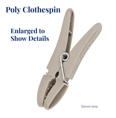 Closeup of Poly Clothespin shows durable, UV resistant, non- slip grip, features. Made in the USA. 