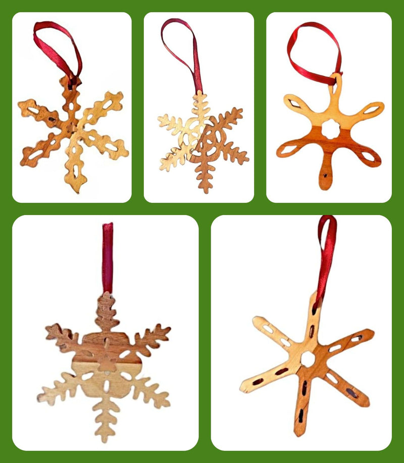 Set of 5 hand carved wooden snowflake ornaments. handcrafted in the US by a team of Army Veterans.