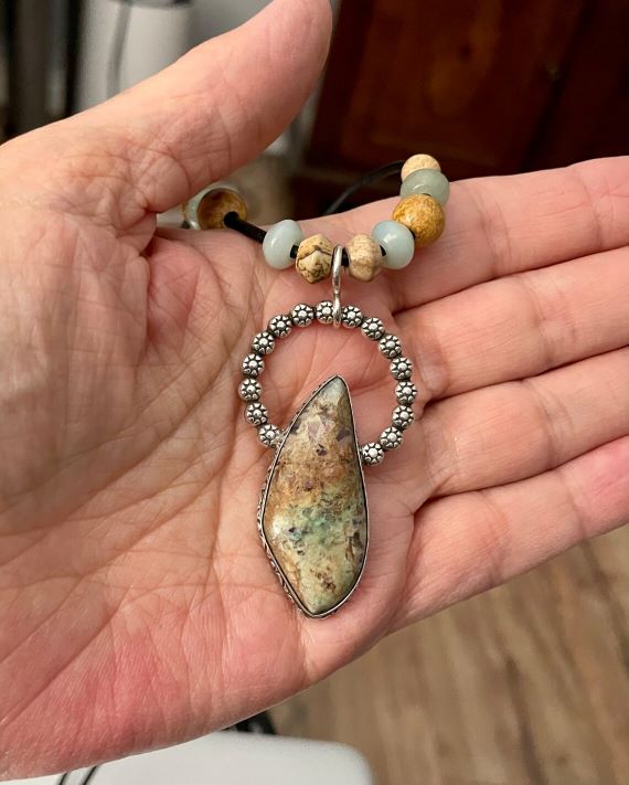 Close up of of the Handmade Confetti Chrysocolla and Sterling Silver Pendant