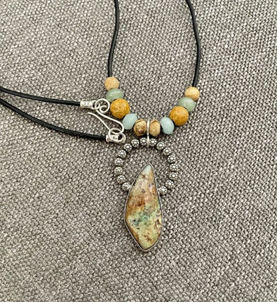 Hook and Eye closure on the leather necklace of the Handmade Confetti Chrysocolla and Sterling Silver Pendant Necklace