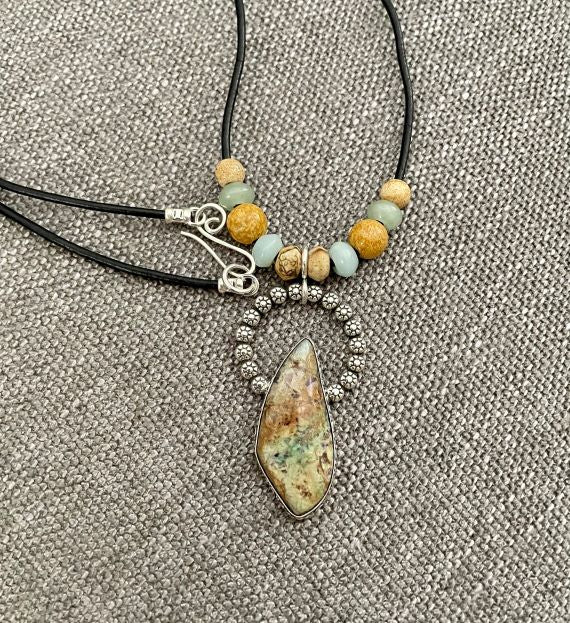 Hook and Eye closure on the leather necklace of the Handmade Confetti Chrysocolla and Sterling Silver Pendant Necklace