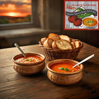 Halladay's Creamy Tomato Basil Soup Mix makes a hearty, comforting bowl of soup in minutes. Stock up for winter at harvestarray.com.