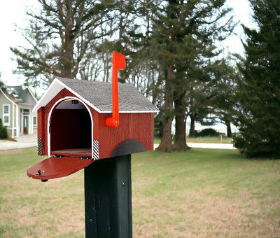 Red Wooden Covered Bridge Mailboxes with the front door open