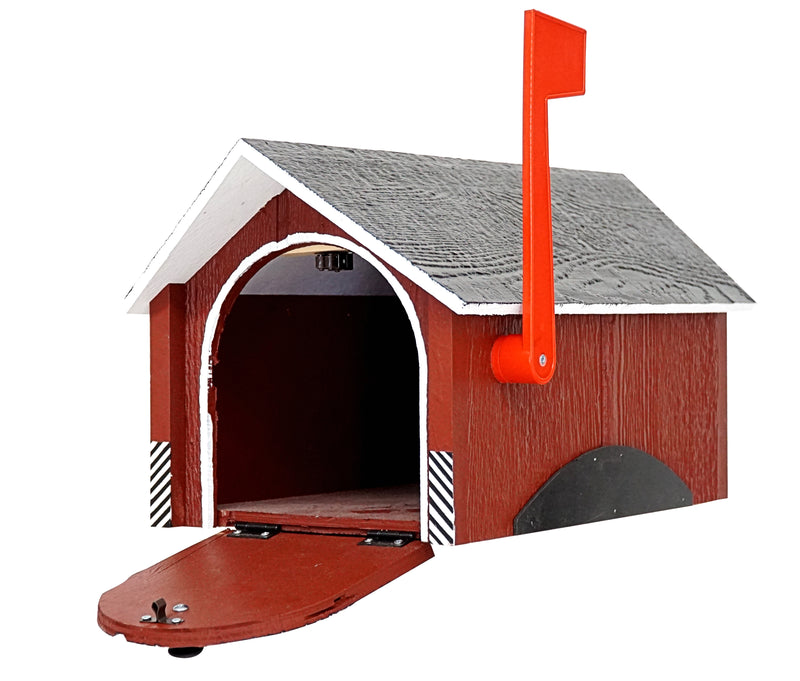 Red Wooden Covered Bridge Mailboxes with the bridge red flag and front door open