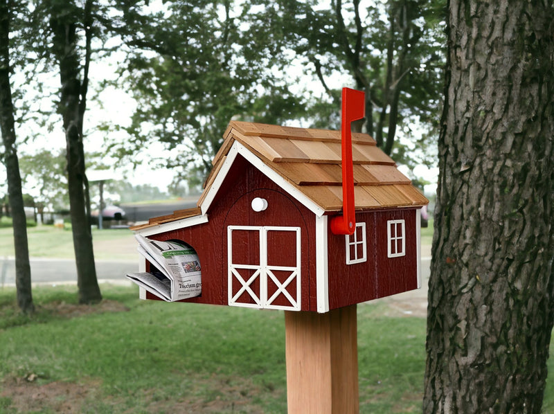Cardinal Red and White Wooden Mailbox with Cedar Roof and Newspaper Holder on a post