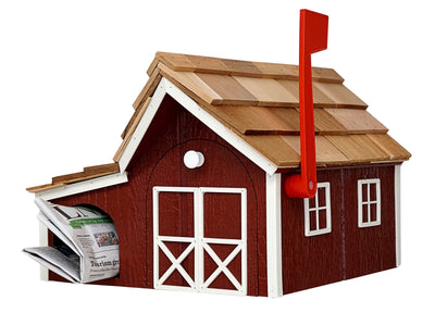 Cardinal Red nd White Wooden Mailbox with Cedar Roof and Newspaper Holder