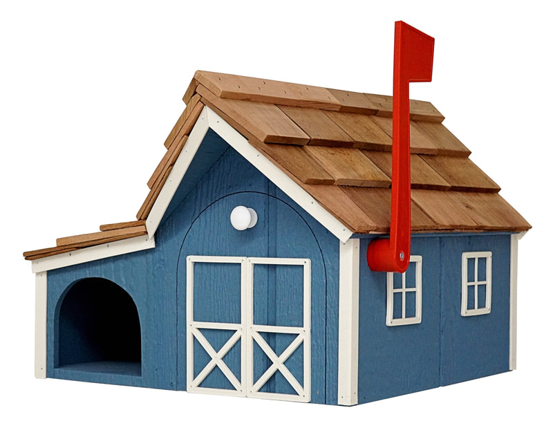 Blue and White Wooden Mailbox with Cedar Roof and Newspaper Holder