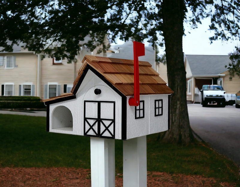 White and Black Wooden Mailbox with Cedar Roof and Newspaper Holder on a post