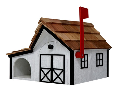 White and Black Wooden Mailbox with Cedar Roof and Newspaper Holder