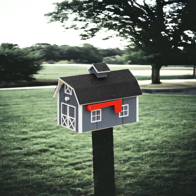 Dark gray and white Wooden Barn Mailbox on the post