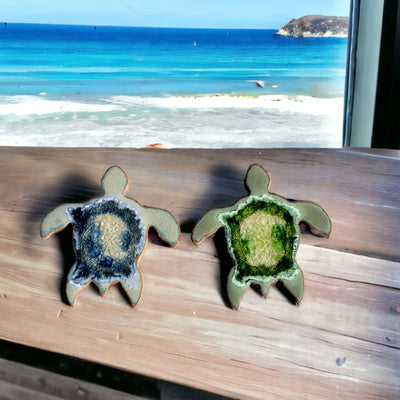 Blue or Green Sea Turtle Shaped Crackle Coasters available at harvestarray.com