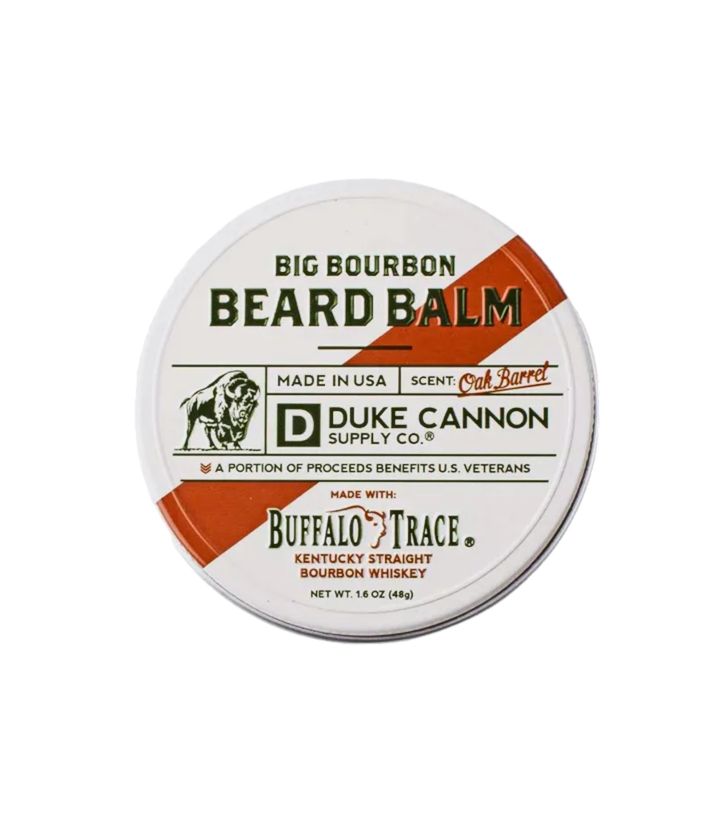 Duke Cannon Big Bourbon Beard Balm with Oak Barrel Scent. Available at Harvest Array.
