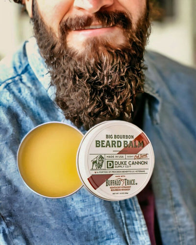 Duke Cannon Big Bourbon Beard Balm made with premium ingredients including Buffalo Trace Bourbon. made in the USA.