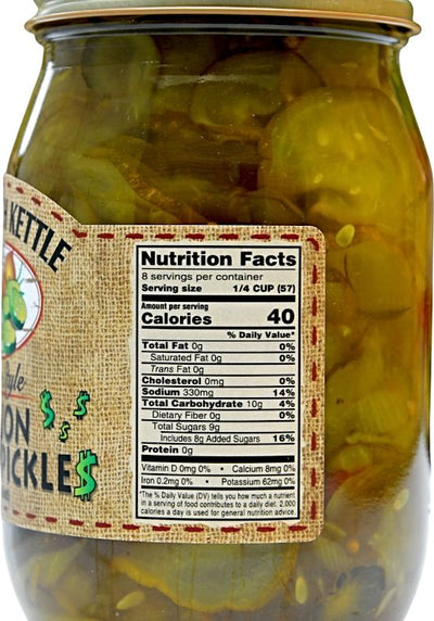 Nutrition Facts for Dutch Kettle Home Style Million Dollar Pickles at harvestarray.com.