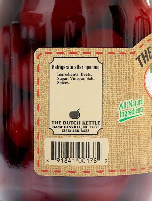 Ingredients in The Dutch Kettle Pickled Beets include sugar, vinegar, salt, and spices, and all natural, home grown beets. 