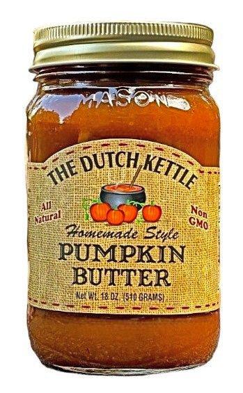 The Dutch Kettle Pumpkin Butter for Harvest Array comes in an 18 oz. glass mason jar.