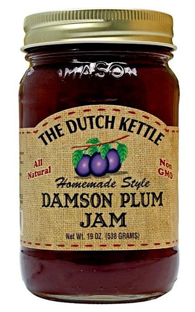 Damson Plum Jam from The Dutch Kettle comes in a 19 oz. reusable glass Mason jar from Harvest Array.