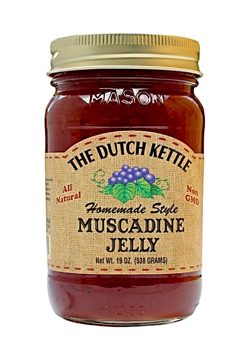 The Dutch Kettle Homemade Style Muscadine Grape Jelly comes in a 19 oz. glass reusable jar from Harvest Array.