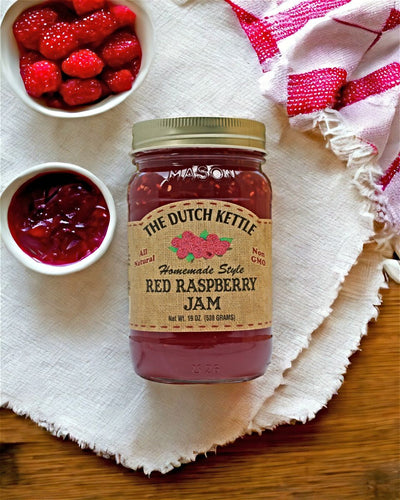 Dutch Kettle Homemade Style Red Raspberry Jam is sweet and tart and delicious on toast, biscuits, and pastries.