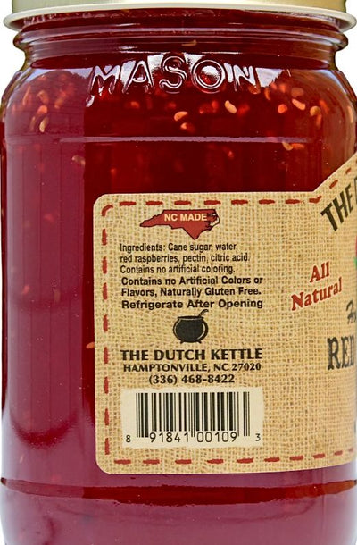 Only All Natural ingredients are used by The Dutch Kettle when making their Homemade Style Red Raspberry Jam.