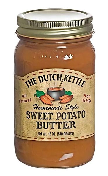 Amish Sweet Potato Butter made in USA from Harvest Array comes in an 18 oz. reusable mason jar.
