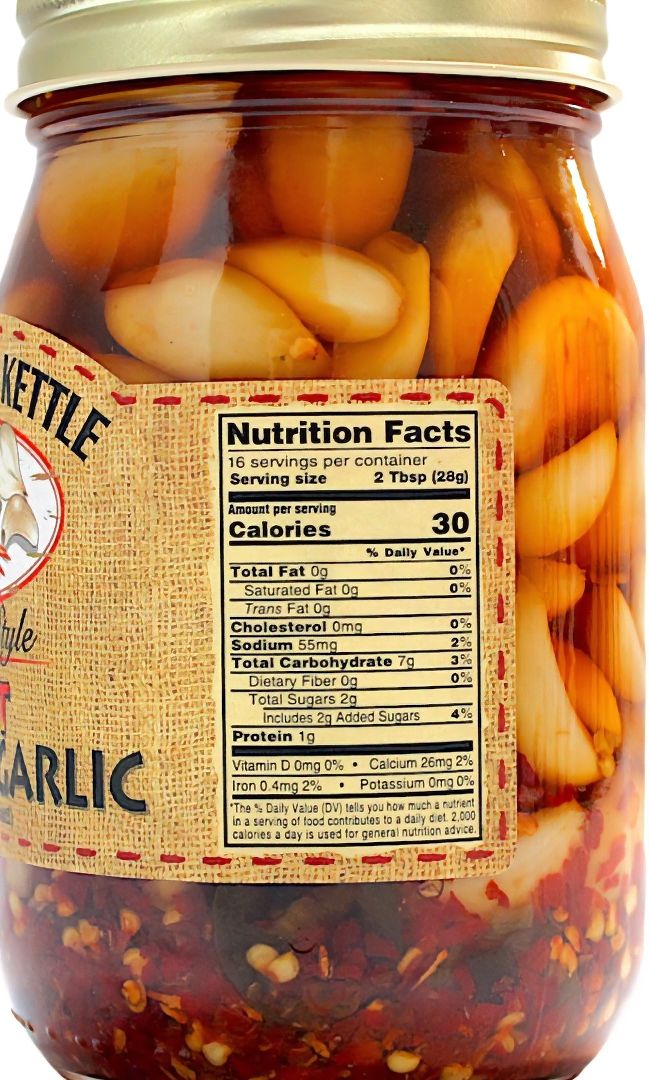 Nutrition Facts for a jar of Dutch Kettle Hot Pickled Garlic.
