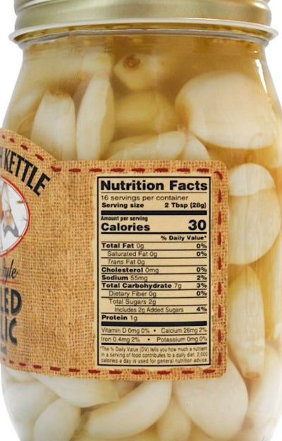 Nutrition Facts for a jar of Dutch Kettle Pickled Garlic.