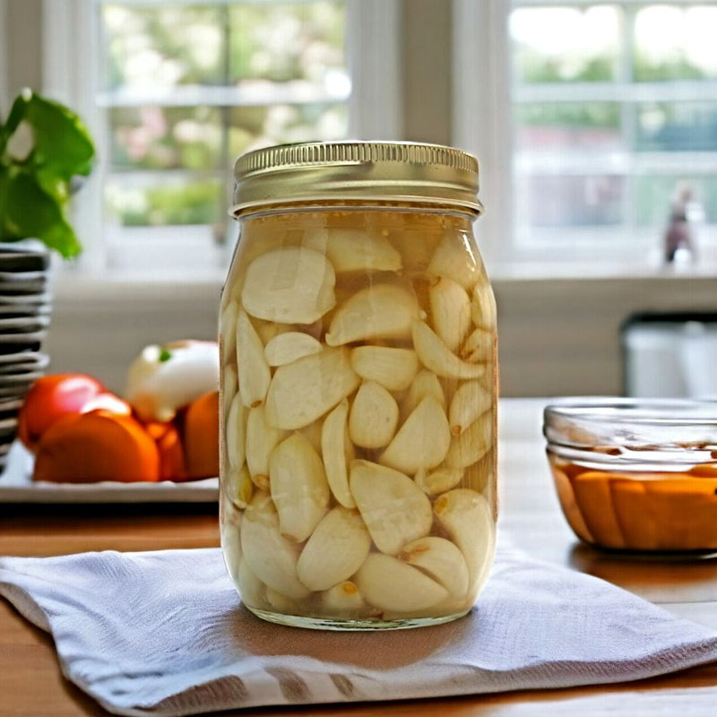 Each 16 ounce jar of Dutch Kettle Pickled Garlic is packed full of garlic cloves as seen here. 
