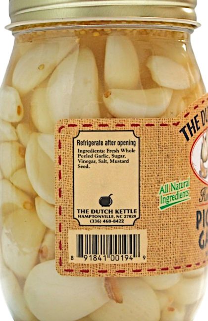 Only All Natural Ingredients are in each jar of Dutch Kettle Pickled Garlic.