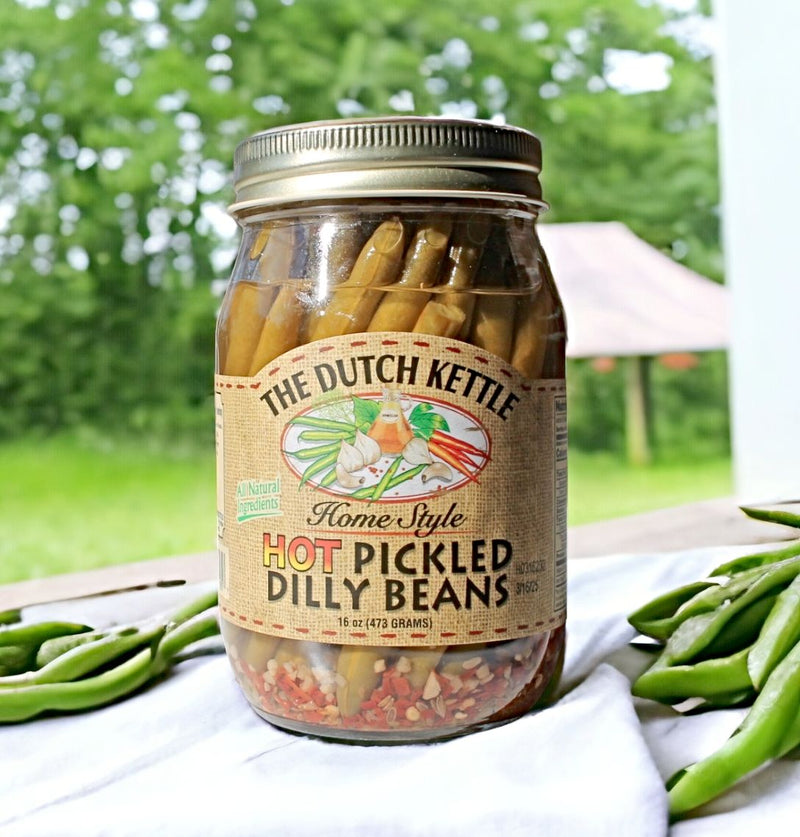 Dutch Kettle Amish Homemade Hot Pickled Dilly Beans. A product of North Carolina