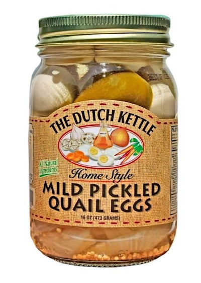 The Dutch Kettle Mild Pickled Quail Eggs in a 16 ounce glass jar. 