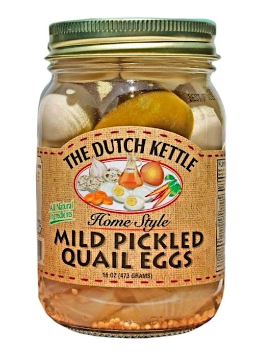 The Dutch Kettle Mild Pickled Quail Eggs in a 16 ounce glass jar. 