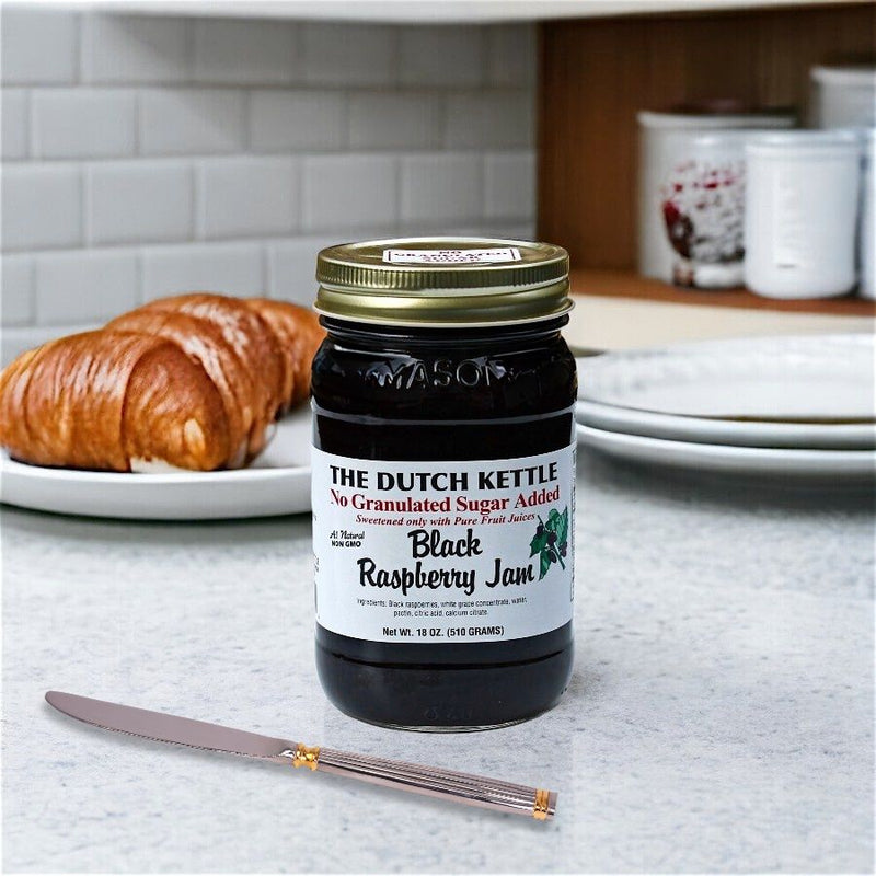 The Dutch Kettle No Sugar Added Black Raspberry Jam is made in the USA. Available for Online Purchase at Harvest Array