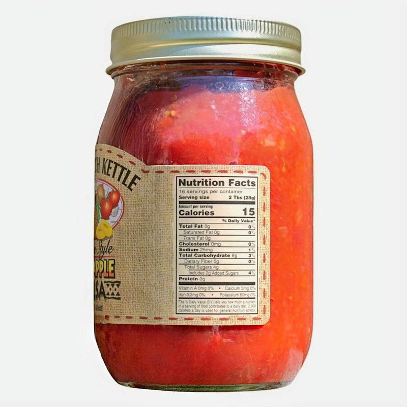 Nutrition Label on our Pineapple Salsa from the Dutch Kettle and Harvest Array. A low calorie, low sodium condiment. 