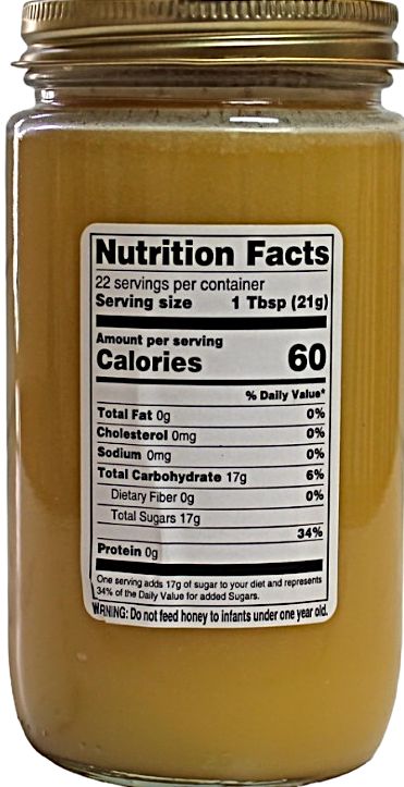 Nutrition Facts of a 16 oz. jar of Dutch Kettle Creamed Honey sold at harvestarray.com.