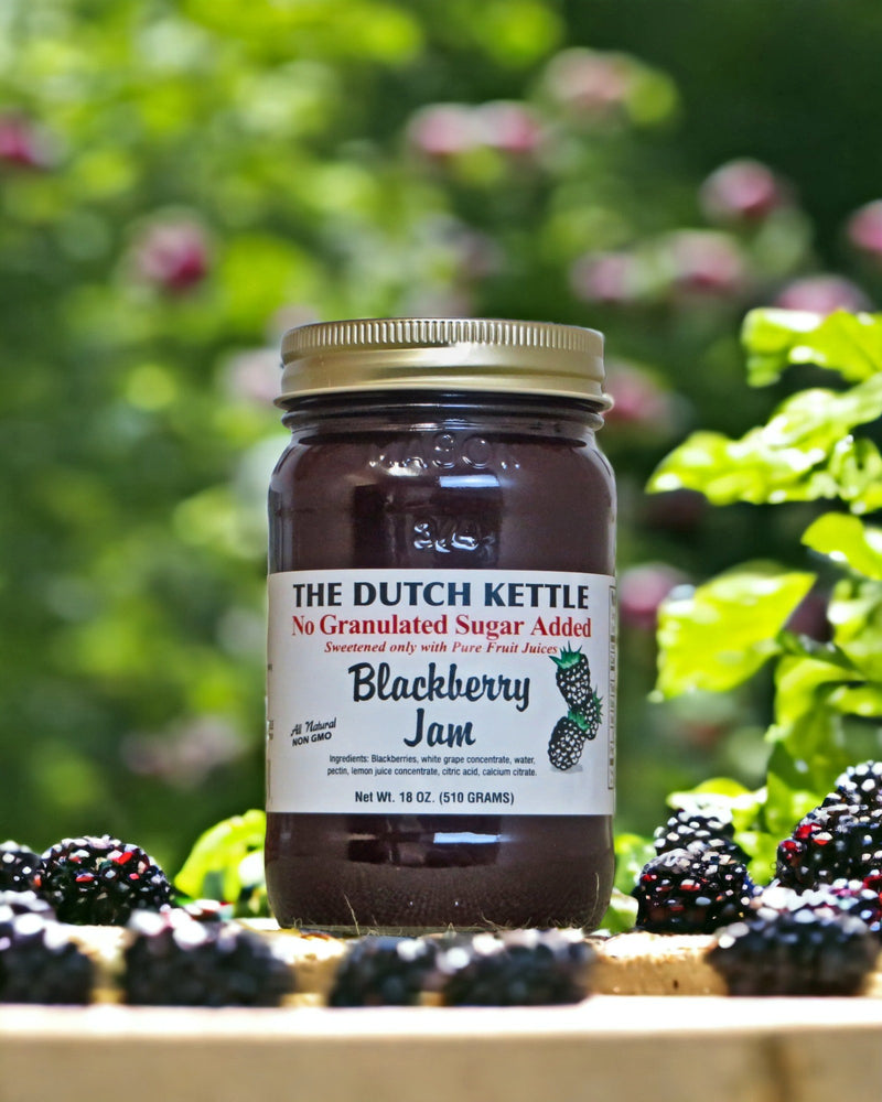 The Dutch Kettle No Sugar Added Blackberry Jam is made in the USA. From Harvest Array