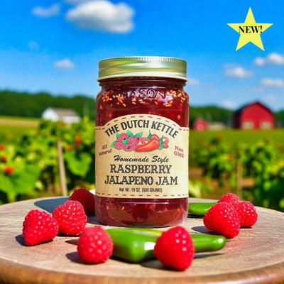 Shop Harvest Array for our newest flavor of jam from the Dutch Kettle-Raspberry Jalapeno Jam.