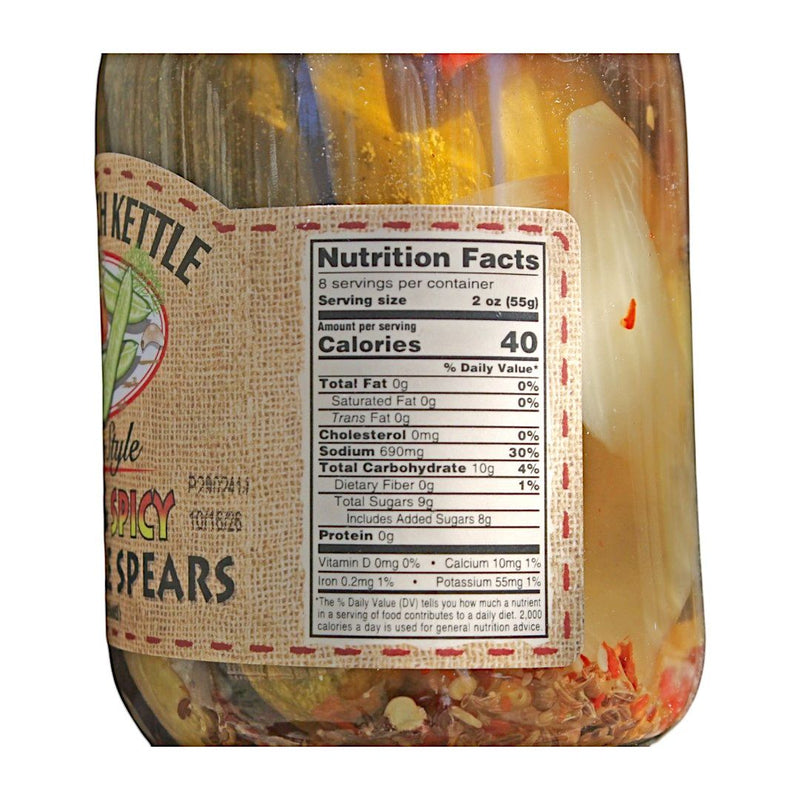 Nutrition facts in each jar of Dutch Kettle Amish Home Style Sweet and Spicy Dill Pickle Spears from Harvest Array.
