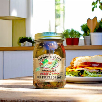 Amish Home Style Sweet and Spicy Dill Pickle Spears add a delightful crunch to sandwiches or as a snack right from the jar! Order  today at Harvest Array.