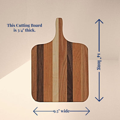 Dimensions of this wooden cutting board are 14"x9.5"x3/4".