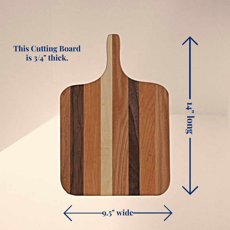 Dimensions of this wooden cutting board are 14"x9.5"x3/4".