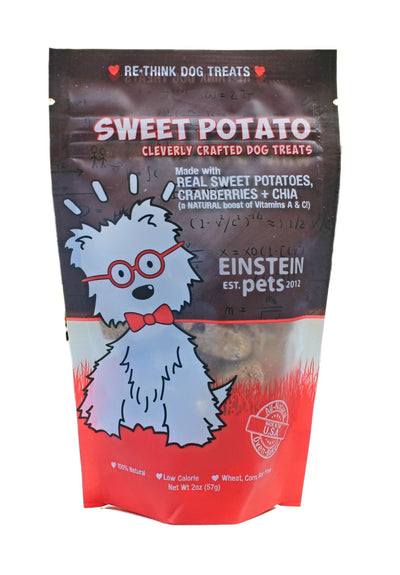2.0 ounce bag of Non-GMO Sweet Potato Cranberry and Chia Seed Dog Treats. Made in the USA. Available at Harvest Array